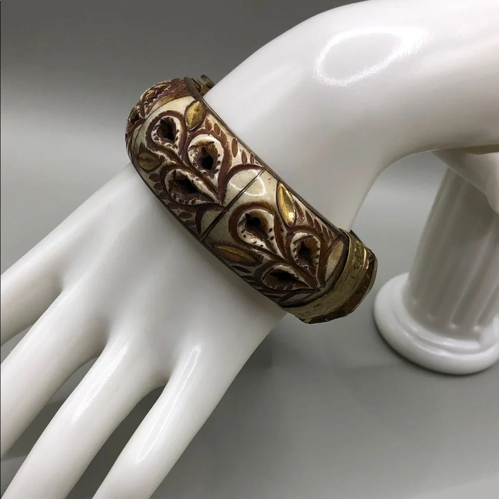 Carved bone hinge bangle bracelet vintage handmade India boho rustic statement.